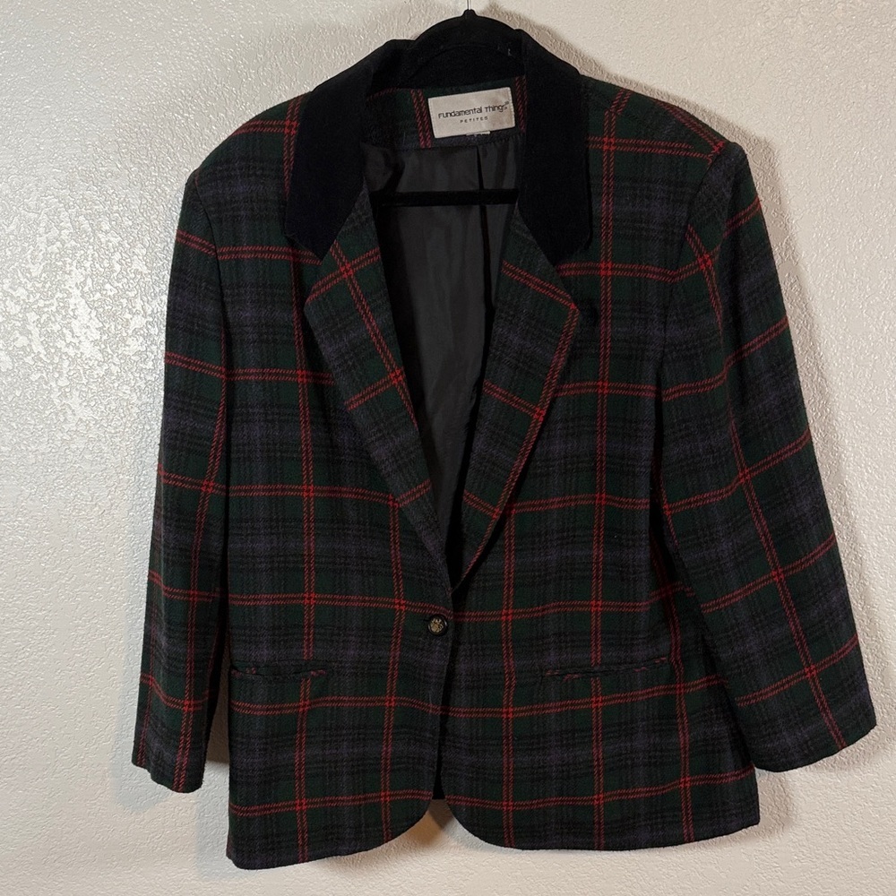 Vintage Fundamental Things Holiday Plaid Velvety Collar Crest Button Size 14